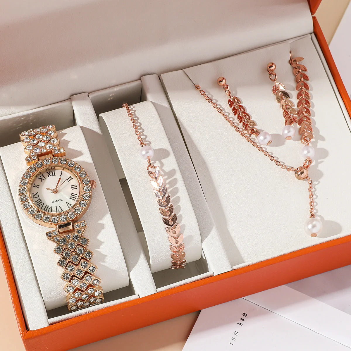 Luxury rhinestone quartz bracelet watch set for women in golden, silver, and rose gold options