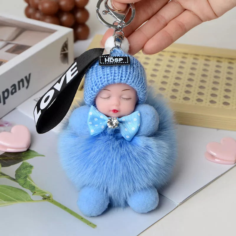 Hand-woven fox fur sleeping doll keychain pendant with optional bow