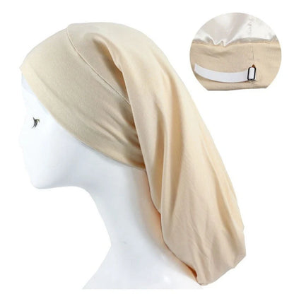 Adjustable satin-lined nightcap in various colors for women's hair care and relaxation
