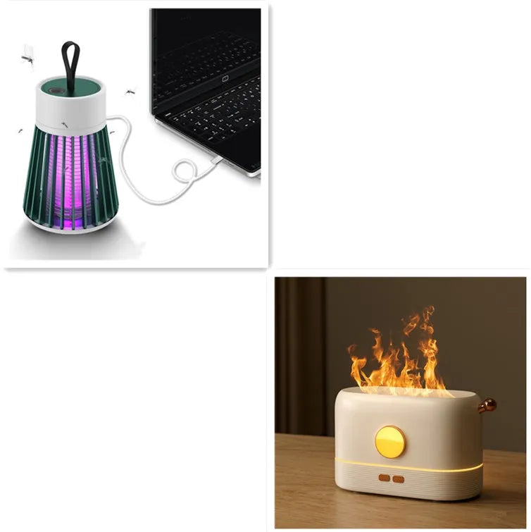 Black USB flame humidifier diffuser with 200ml tank on desktop showing simulation flame effect