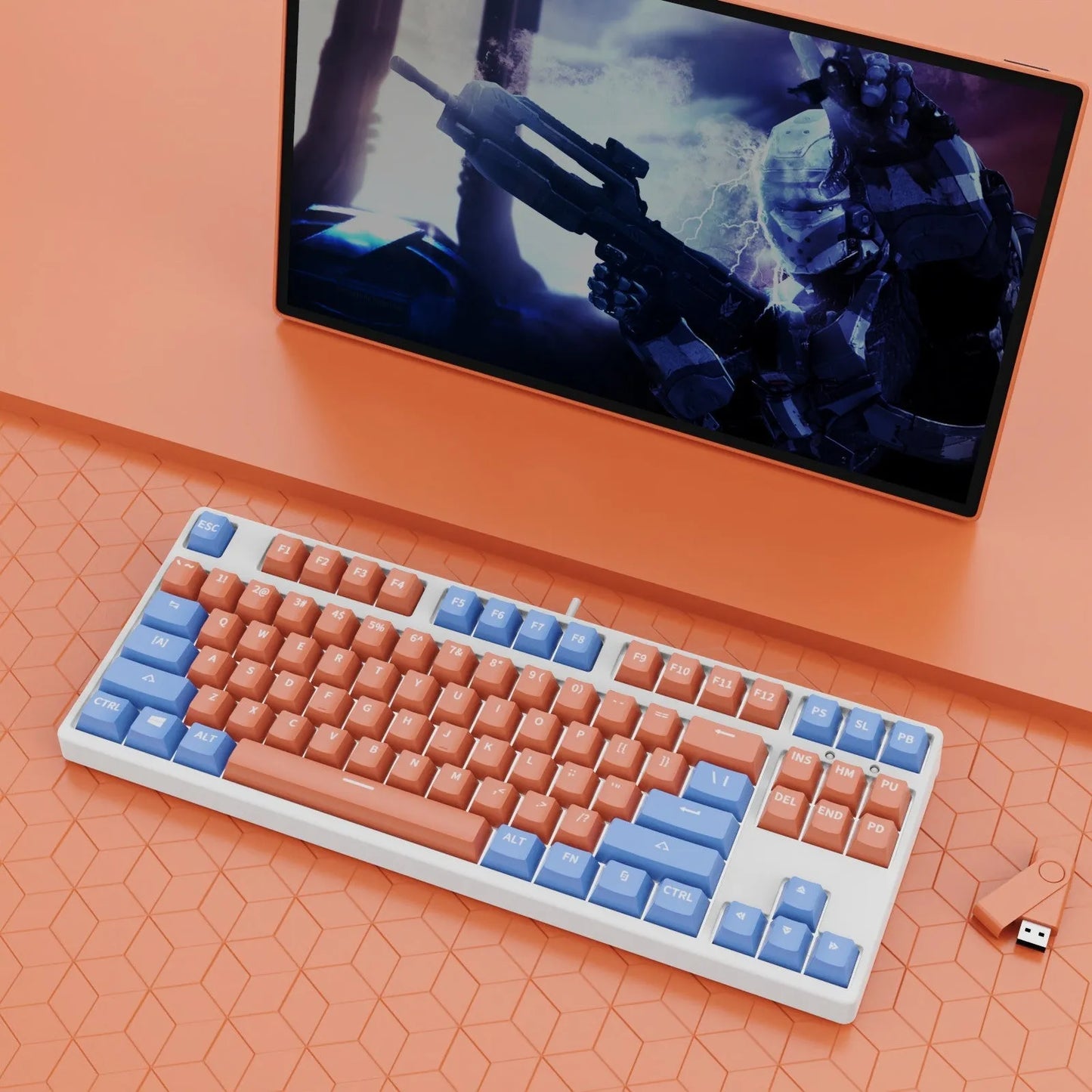 87-key mechanical keyboard with two-tone coloured keycaps on metal case