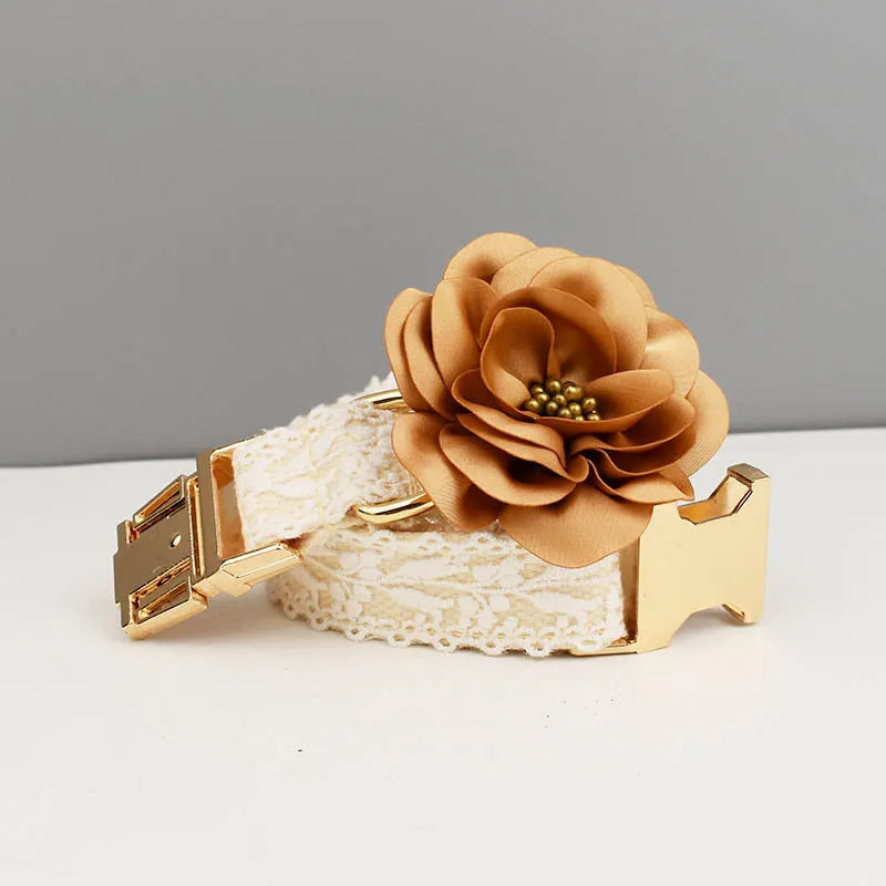 Lace pet wedding collar and leash set in polyester with four-piece floral vest and adjustable button closure for dogs, ideal for special occasions like weddings, Christmas, and Valentine's Day in sizes S to XL.