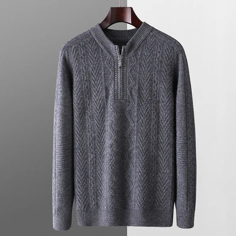 Men's diamond lattice pattern wool sweater with half zipper in dark blue colour