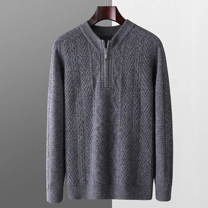 Men's diamond lattice pattern wool sweater with half zipper in dark blue colour