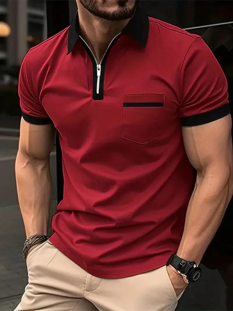 Men's short sleeve casual shirt with chest pocket zipper decoration in multiple colour combinations
