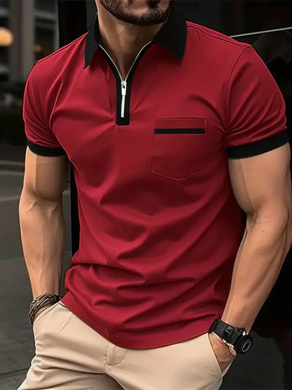 Men's short sleeve casual shirt with chest pocket zipper decoration in multiple colour combinations