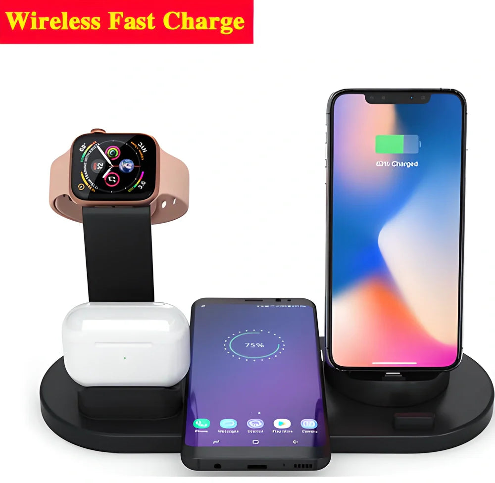 ChargingCastle™ 4-in-1 Qi Fast Wireless Charger Dock Station with 10W charging, 360-degree rotation, and silicone protection