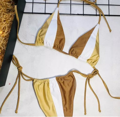 Women's split swimsuit in blue, pink, yellow, red, and white with chest pad