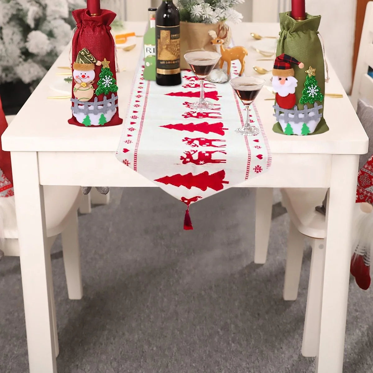 Christmas Elk Snowman Table Runner with festive design for holiday decor