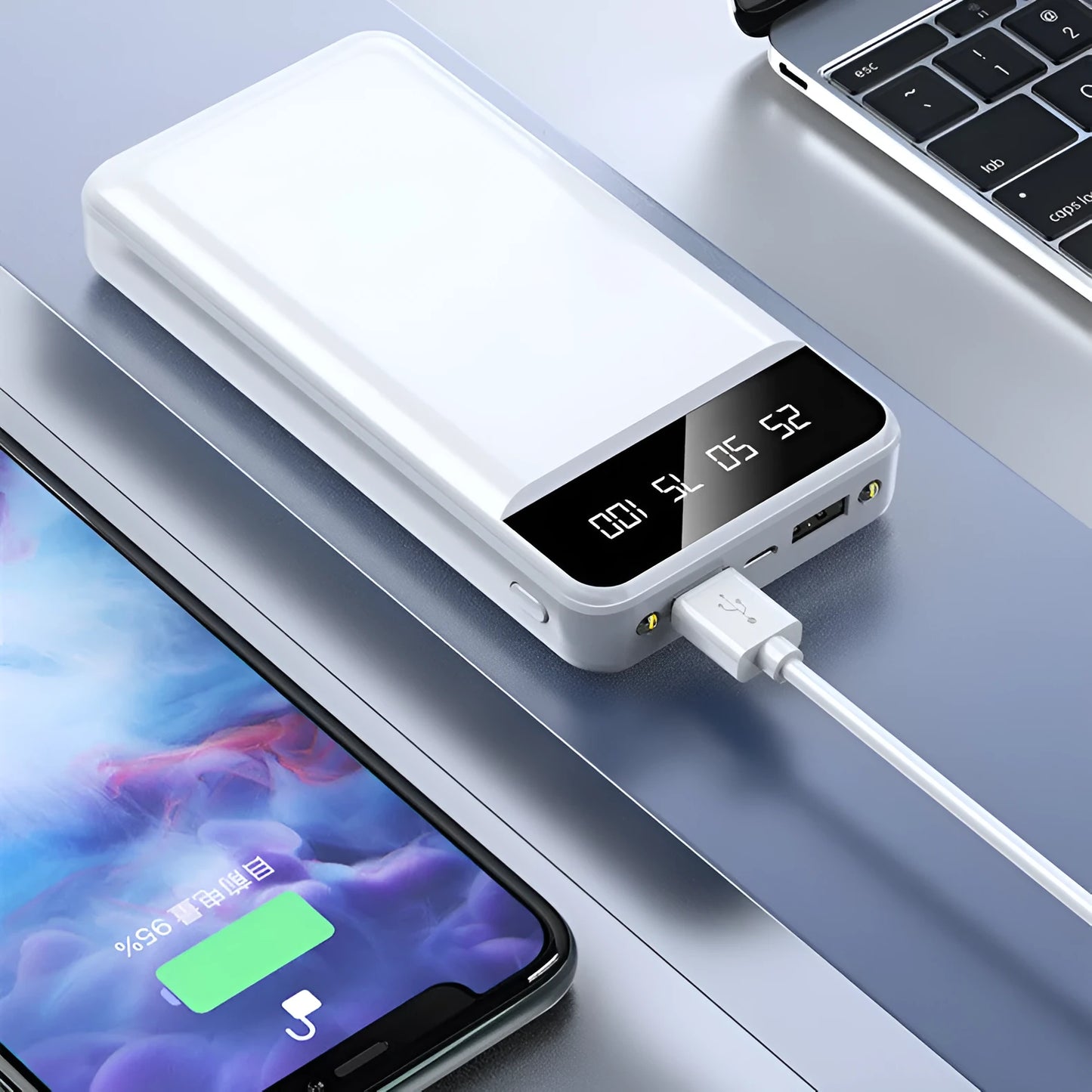 20000 mAh portable power bank in plastic shell with multiple USB ports