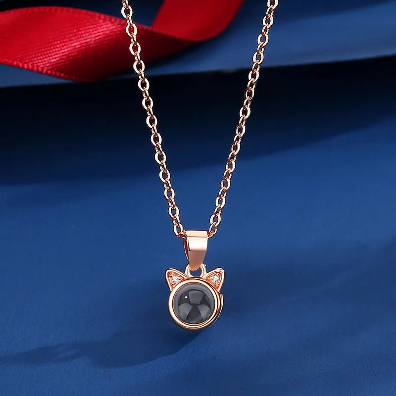Kitten necklace in copper with electroplated gold, rose gold, or silver finish and clavicle pendant