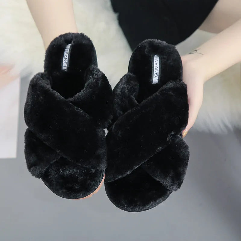 Cross open-toe fur slippers with non-slip patterned soles in black, dark grey, green, pink, red, or yellow
