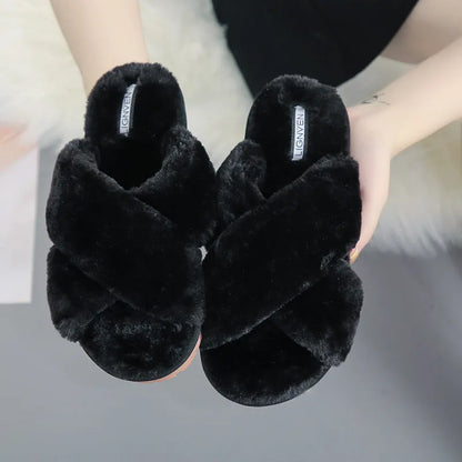 Cross open-toe fur slippers with non-slip patterned soles in black, showing ergonomic heel design