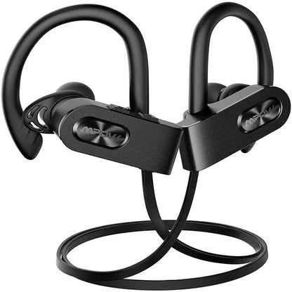 Red hanging ear Bluetooth wireless headset with microphone showing earpiece design
