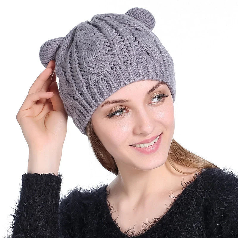 Cozy Cat Ear Knit Beanie in various colors for autumn and winter warmth