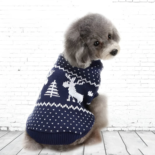 Elk reindeer deer Christmas dog sweater in blue or red, sizes XS to XXL, festive pet clothes