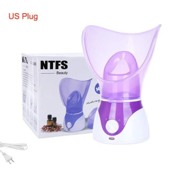 Purple facial steamer with dual conical cones for deep pore cleansing and nasal steam therapy