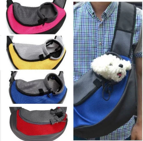 A soft, mesh pet carrier sling bag with a padded shoulder strap for hands-free carrying of your dog or cat during outdoor adventures.