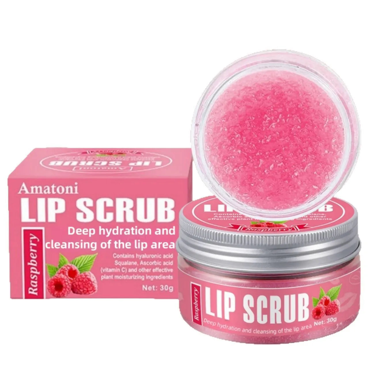Amatoni lip scrub cream pot in 30g size for exfoliating and moisturising dry lips.