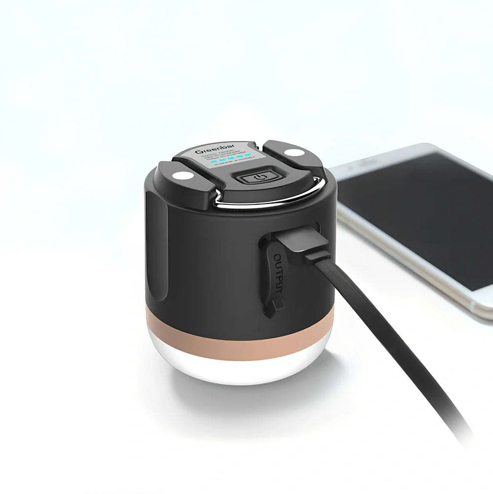 Compact black silver LED camping tent light, 78x67mm with 7200mAh battery and waterproof design for outdoor use