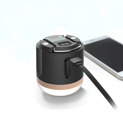 Compact black silver LED camping tent light, 78x67mm with 7200mAh battery and waterproof design for outdoor use