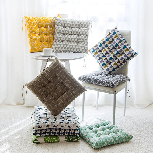 Comfortable Linen-Cotton Chair Cushion with a variety of vibrant patterns and designs, perfect for indoor and outdoor use.