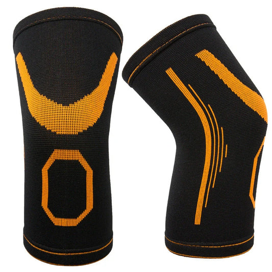 Knitted jacquard children's nylon knee pads in orange and black or grey and black for active play protection