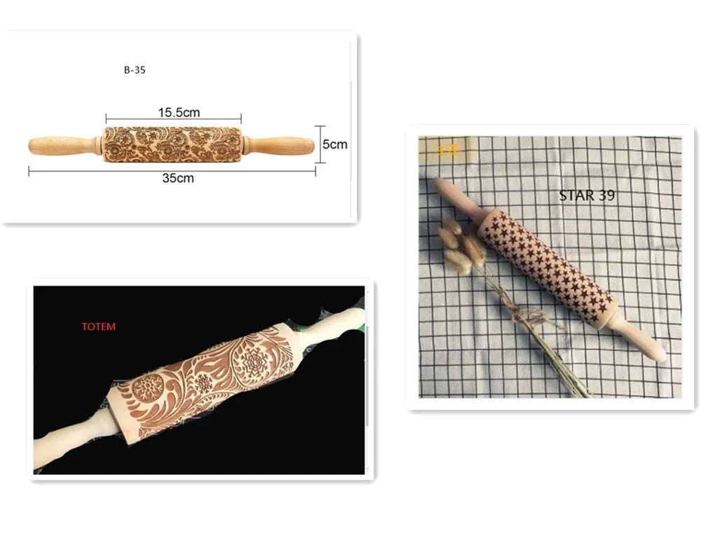 Wooden rolling pin with engraved Christmas patterns including reindeer and snowflakes on a 45cm long barrel.