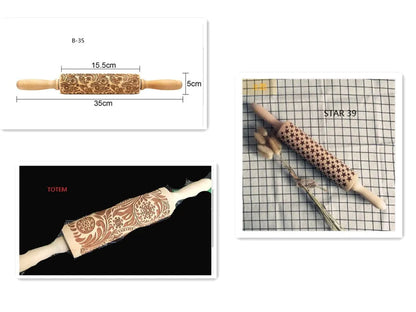 Wooden rolling pin with engraved Christmas patterns including reindeer and snowflakes on a 45cm long barrel.