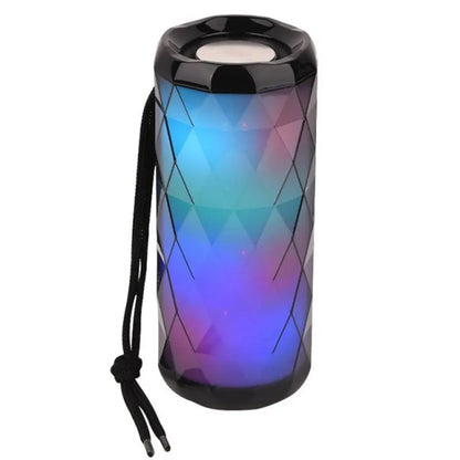 Portable Bluetooth speaker with dual 5W drivers, LED light, available in blue, green, grey and red.