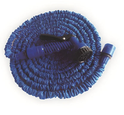 Blue telescopic water hose with high-pressure gun, expanded for use in garden watering