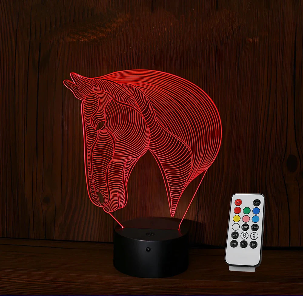 Horse head shaped LED night light with touch control showing multiple colour options