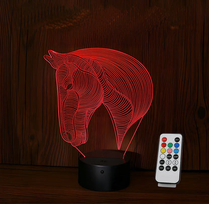 Horse head shaped LED night light with touch control showing multiple colour options