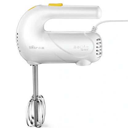 Pink electric hand whisk with stainless steel attachments for whipping eggs and cream