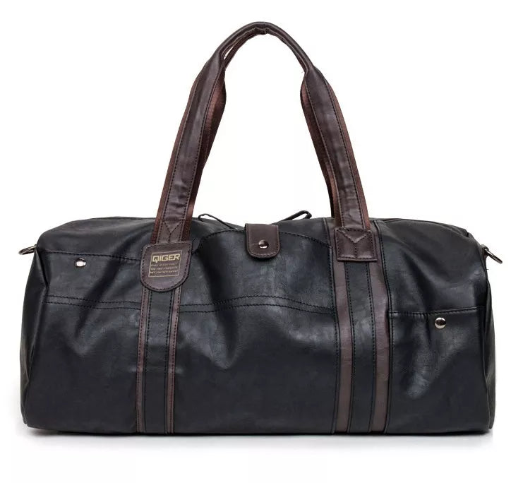 Portable Cylinder Leisure Travel Bag in blue, black, or brown with PU leather exterior