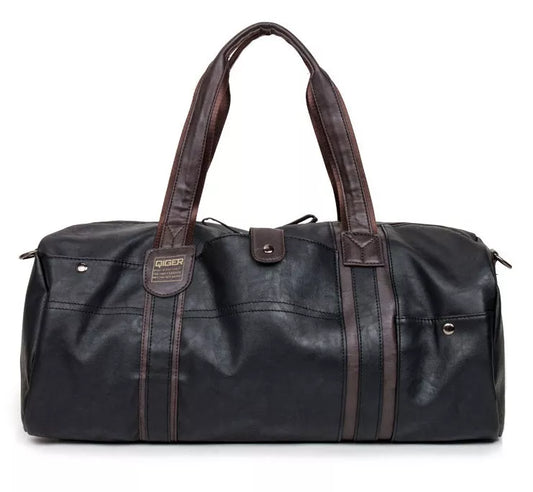 Portable Cylinder Leisure Travel Bag in blue, black, or brown with PU leather exterior