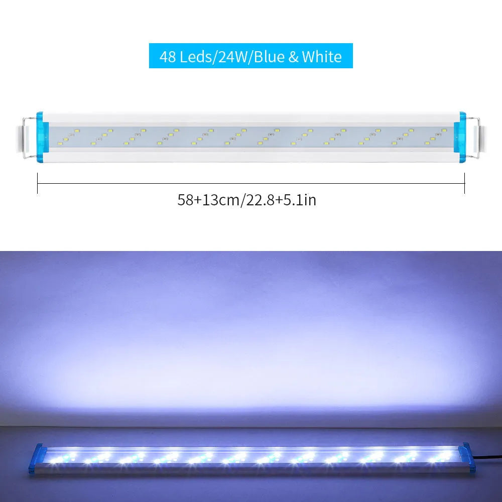 Ultra-thin blue and white LED aquarium light with multiple length options on PVC housing