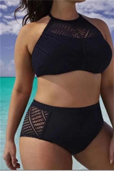 Large split bikini in black, sizes S to 7XL, made from 100% polyester fiber
