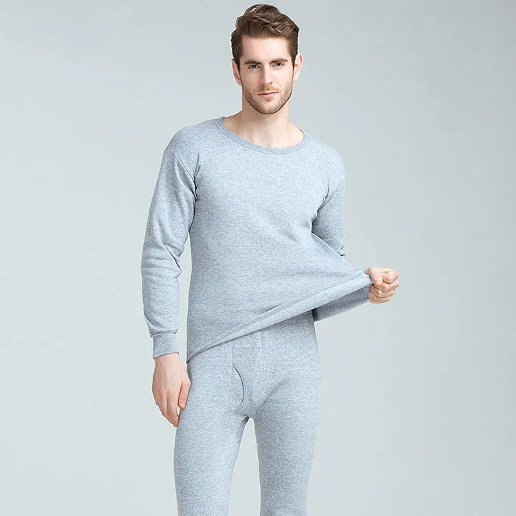 Men's plus velvet thick round neck thermal underwear set with long-sleeve pullover top and trousers in dark grey, light grey, black, or dark blue