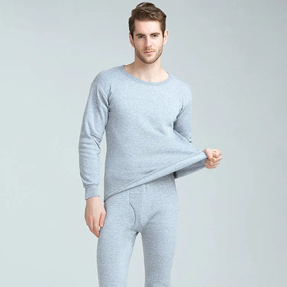 Men's plus velvet thick round neck thermal underwear set with long-sleeve pullover top and trousers in dark grey, light grey, black, or dark blue