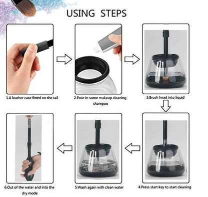 Electric makeup brush cleaner that quickly and thoroughly cleans and dries brushes, keeping them in pristine condition