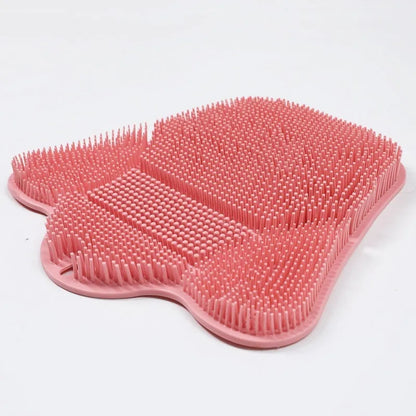 Blue silicone bath massage mat for back exfoliation measuring 31 by 32 centimetres