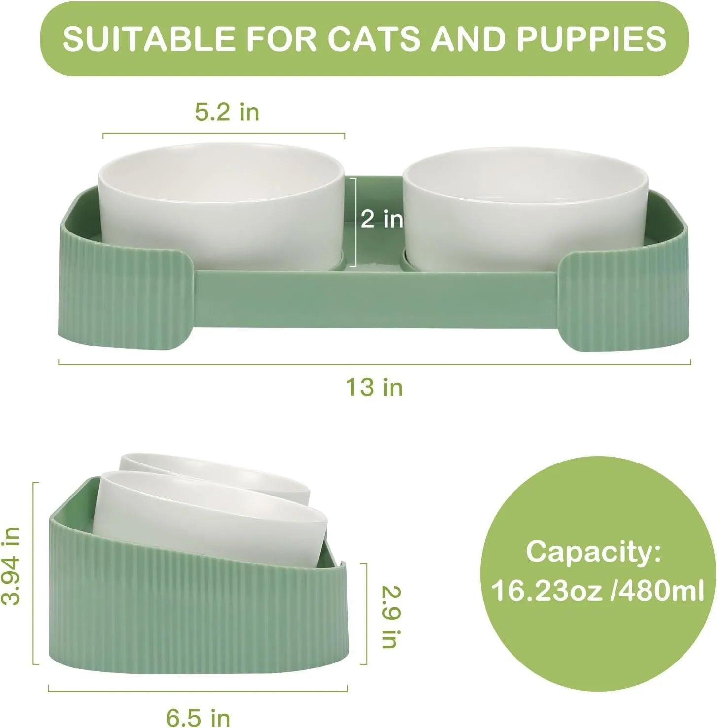 Green ceramic raised cat feeder with two tilted bowls on a non-slip white stand.