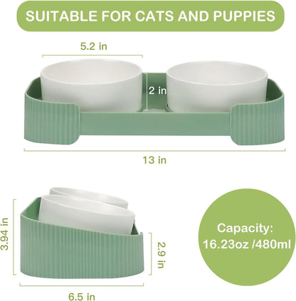Green ceramic raised cat feeder with two tilted bowls on a non-slip white stand.