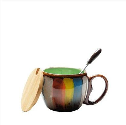 Handmade ceramic coffee mug with lid and spoon in vibrant colors, 350ml capacity