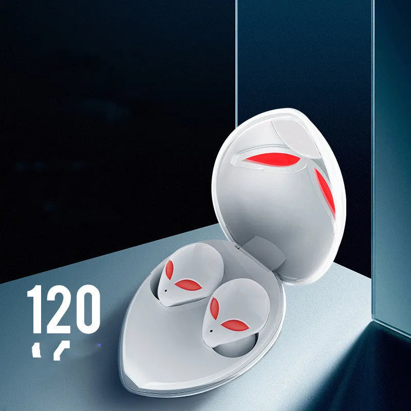 Creative Outer T8 Starman alien design Bluetooth headset and charging case in black or white.