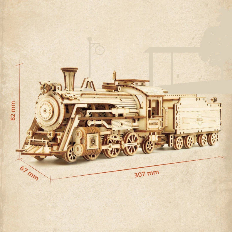 3D wooden train puzzle kit with 308 interlocking pieces for a rewarding DIY building experience