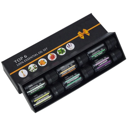 Six 10ml bottles of natural essential oils including orange, lavender, tea tree, mint, eucalyptus and lemongrass in presentation box