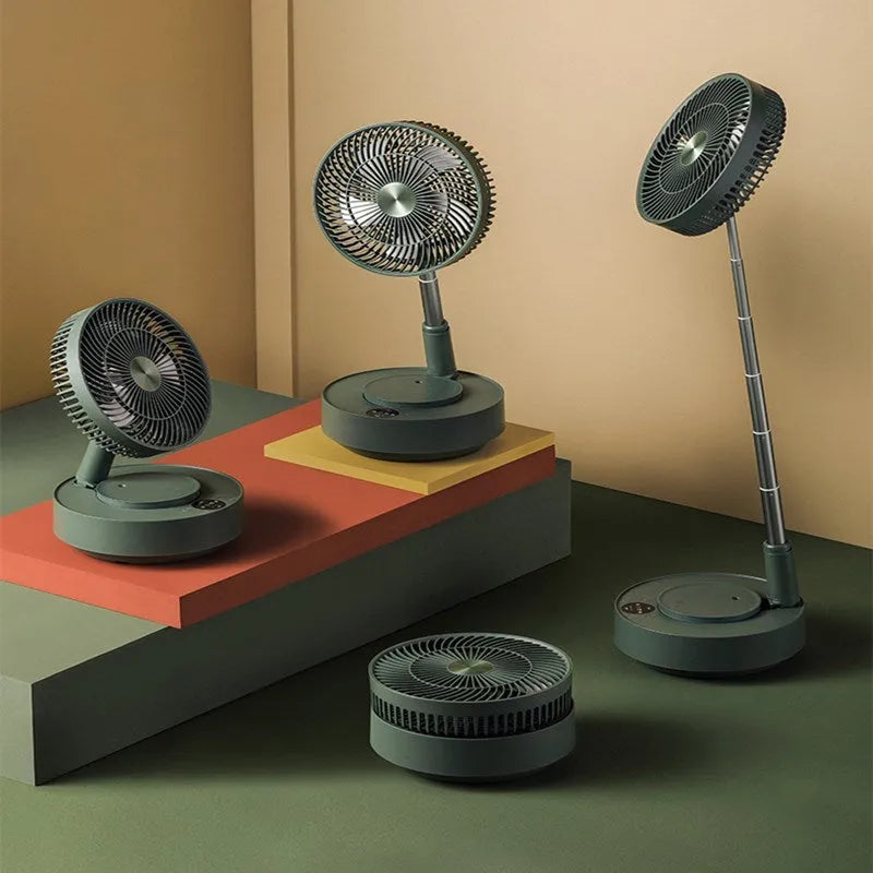 Green and white storage floor electric fan extended to vertical position with remote control