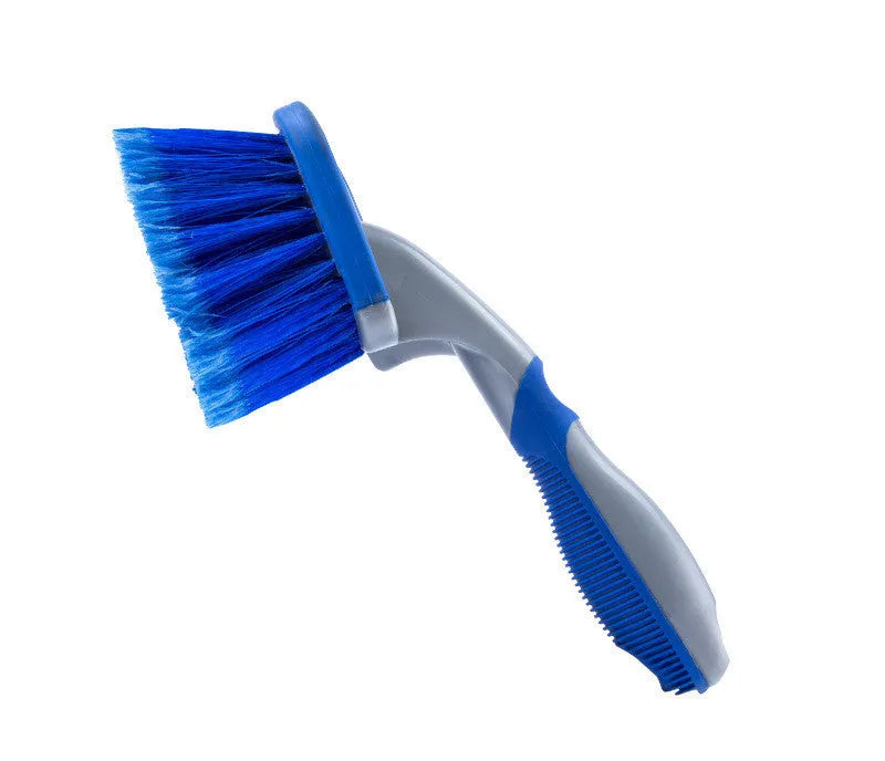 Car tire wheel brush with long handle and twisted yarn bristles for wheel hub cleaning.